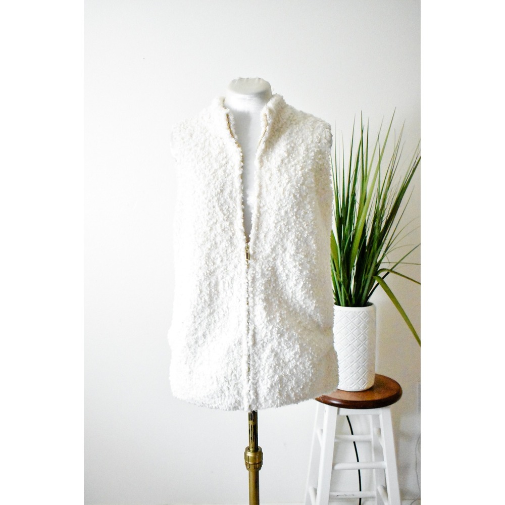 Rachel Zoe Vest Women M Cream Bouclé Sherpa Faux Fur Full Zip Mock Neck Mockneck
